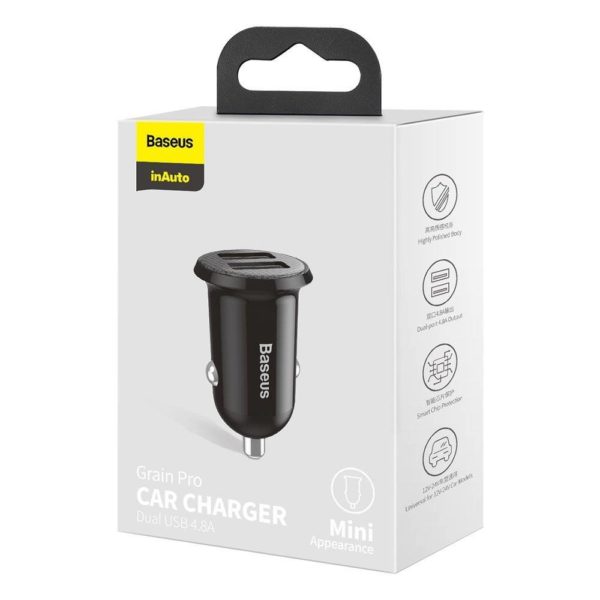Baseus Grain Pro Car Charger (Dual USB 4.8A ) Black Baseus Grain Pro Car Charger (Dual USB 4.8A ) Black